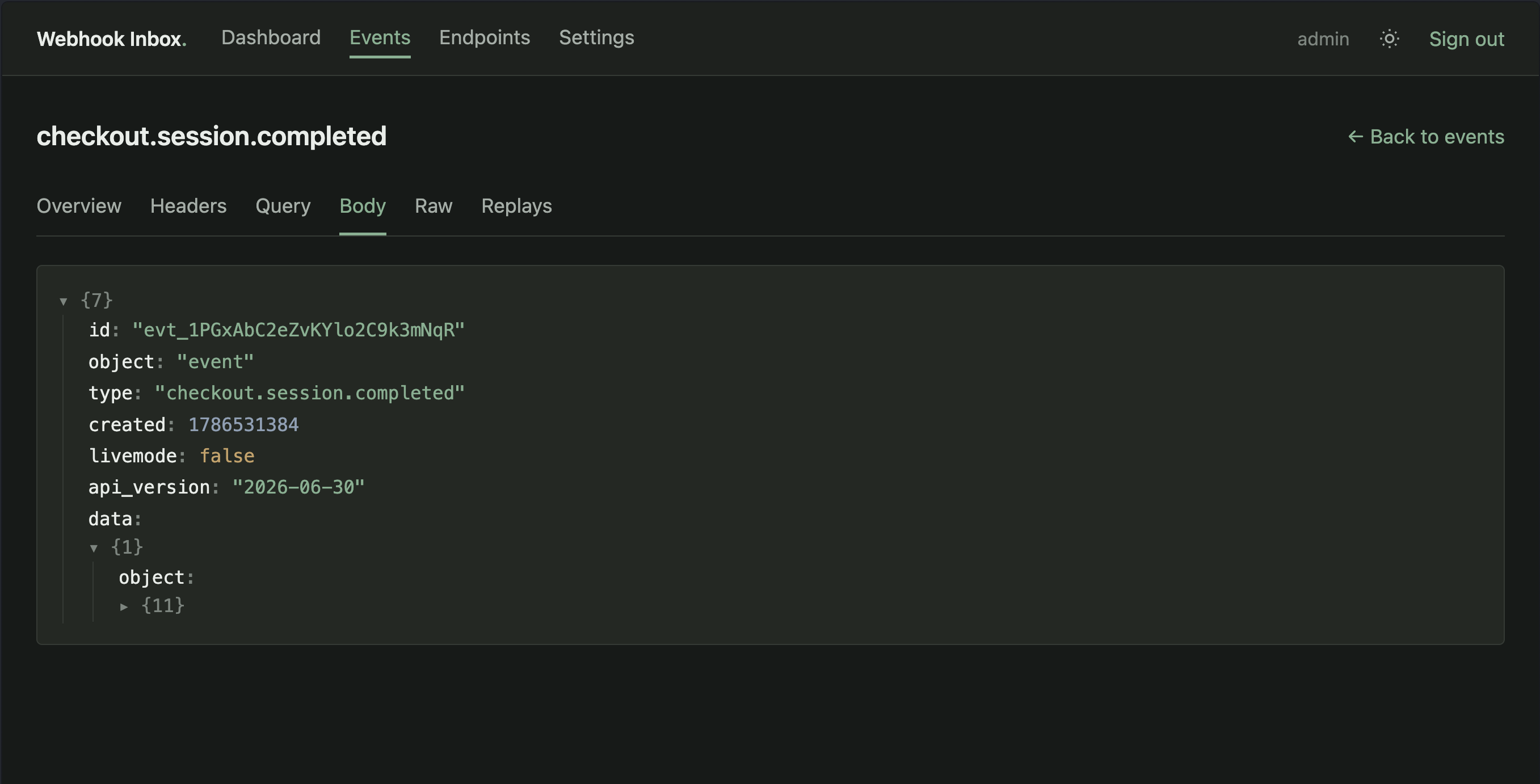 Collapsible JSON body viewer, rendered server-side