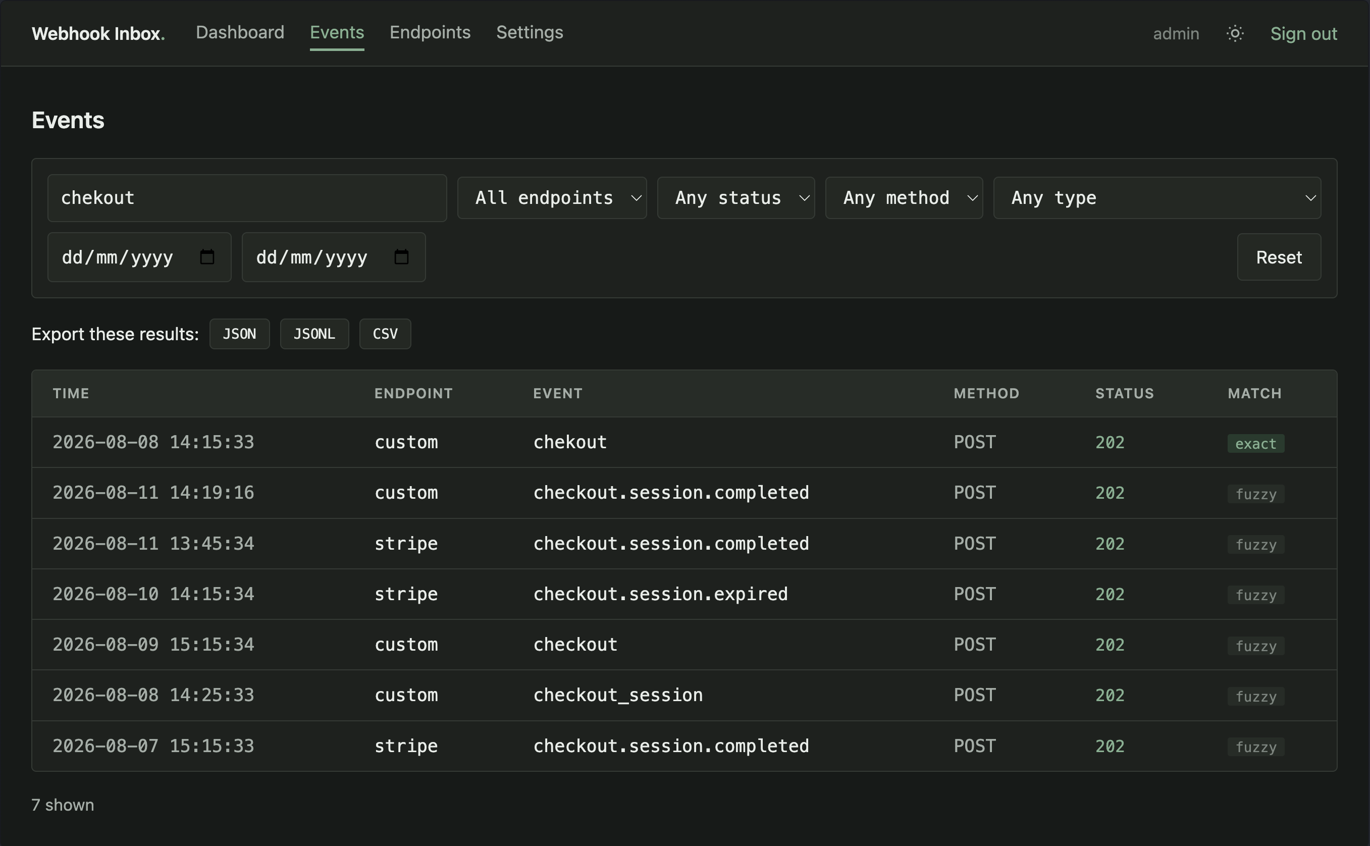 Fuzzy search ranking — the typo "chekout" returns the literal event first, with near-matches ranked below
